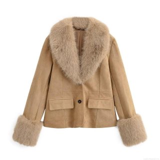 Women's Fashion Casual Suede Jacket With Removable Faux Fur Collar And Cuffs Camel Khaki Short Coat Single Breasted Outerwear For Winter Ladies