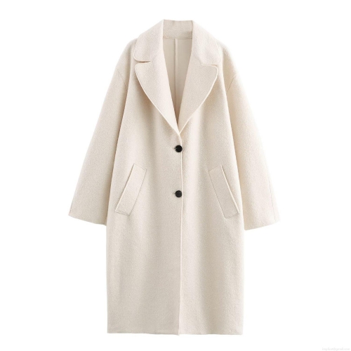 Women's Fashion Winter Long Woolen Coat Elegant Loose Fit Lapel Single-Breasted Solid Color Cream White Warm Casual Commuting Outerwear For Ladies