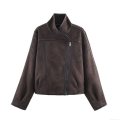 Women's Casual Faux Suede Fur Lined Jacket Loose Biker Coat With Diagonal Zipper Stand Collar Dark Brown Winter Outerwear