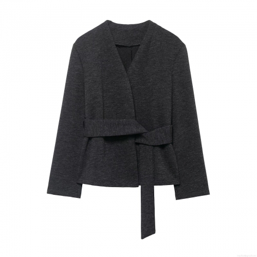 Women's Elegant V-Neck Long Sleeve Knit Coat With Waist Belt Solid Color Dark Grey Polyester Outerwear For Office Daily Fashion Winter Spring