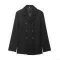 Women's Elegant Black Double Breasted Blazer Coat With Embossed Metal Buttons Mid-Length Polyester Twill Outerwear For Office Commute