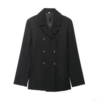 Women's Elegant Black Double Breasted Blazer Coat With Embossed Metal Buttons Mid-Length Polyester Twill Outerwear For Office Commute