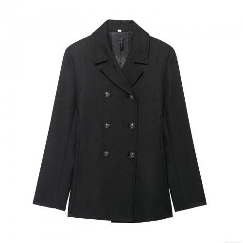 Women's Elegant Black Double Breasted Blazer Coat With Embossed Metal Buttons Mid-Length Polyester Twill Outerwear For Office Commute