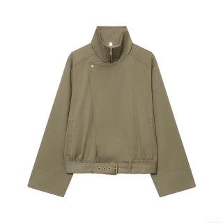 Women's Fashion Casual Stand Collar Cotton Blend Short Jacket With Belt Long Sleeve Loose Solid Color Workwear Windbreaker Outerwear