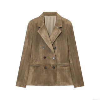 Women's Elegant Suede Blazer Jacket Fashion Solid Color Double Breasted Office Suit Coat With Pockets For Autumn Winter Casual Commuting