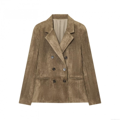 Women's Elegant Suede Blazer Jacket Fashion Solid Color Double Breasted Office Suit Coat With Pockets For Autumn Winter Casual Commuting