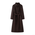 Elegant Women's Long Woolen Look Coat With Belt Double Breasted Polyester Twill Fabric Winter Warm Overcoat British Style Commuting Outerwear