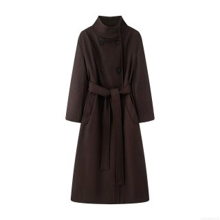 Elegant Women's Long Woolen Look Coat With Belt Double Breasted Polyester Twill Fabric Winter Warm Overcoat British Style Commuting Outerwear