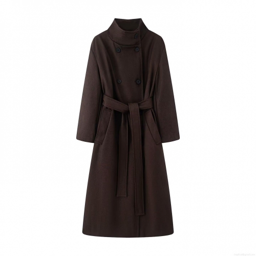 Elegant Women's Long Woolen Look Coat With Belt Double Breasted Polyester Twill Fabric Winter Warm Overcoat British Style Commuting Outerwear