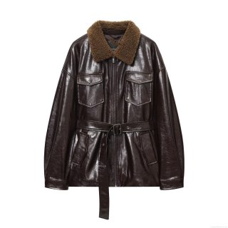 Women's Casual Faux Leather Jacket With Faux Fur Collar Solid Coffee Brown Long Sleeve Loose Belted Coat For Winter Daily Wear Warm Outerwear