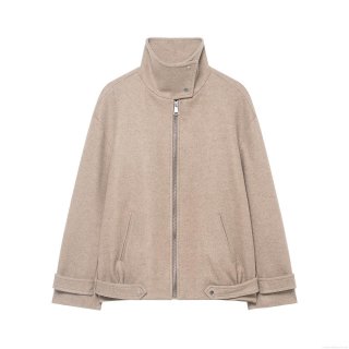 Women's Casual Woolen Like Polyester Bomber Jacket High Stand Collar Full Zip Up Windproof Loose Fit Solid Color Warm Outerwear For Women Ladies Daily Work Office