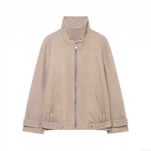 Women's Casual Woolen Like Polyester Bomber Jacket High Stand Collar Full Zip Up Windproof Loose Fit Solid Color Warm Outerwear For Women Ladies Daily Work Office