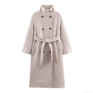 Women's Elegant Double Breasted Woolen Long Overcoat With Belt Minimalist Loose Fitting High Neck Trench Coat For Autumn Winter Warm Outwear