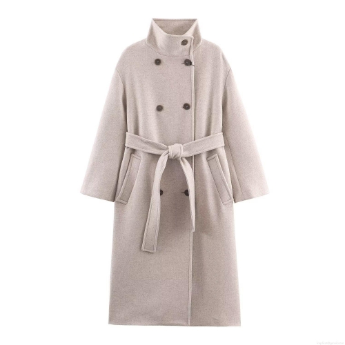 Women's Elegant Double Breasted Woolen Long Overcoat With Belt Minimalist Loose Fitting High Neck Trench Coat For Autumn Winter Warm Outwear