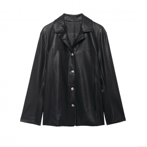 Women's Casual PU Faux Leather Jacket Classic Turn-down Collar Button Down Long Sleeve Coat Solid Color Streetwear Chic Outerwear For Women