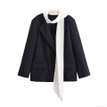Women's Minimalist Color Block Blazer Jacket With Scarf Detail Elegant Turn-down Collar Single Breasted Polyester Suit Coat For Office Lady Professional Outwear