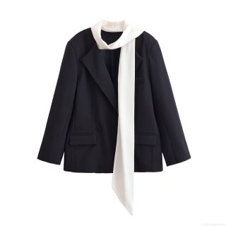 Women's Minimalist Color Block Blazer Jacket With Scarf Detail Elegant Turn-down Collar Single Breasted Polyester Suit Coat For Office Lady Professional Outwear