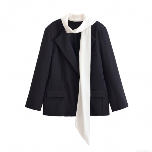 Women's Minimalist Color Block Blazer Jacket With Scarf Detail Elegant Turn-down Collar Single Breasted Polyester Suit Coat For Office Lady Professional Outwear