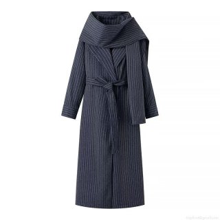 Women's Long Pinstripe Trench Coat With Matching Scarf And Waist Belt Elegant Notched Lapel Suede Polyester Overcoat For Autumn Winter Office Lady Casual Outwear