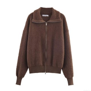 Women's Loose Bouclé Fleece Bomber Jacket Zip Up Casual Sherpa Short Coat Outerwear Solid Color Warm Jacket for Autumn Winter