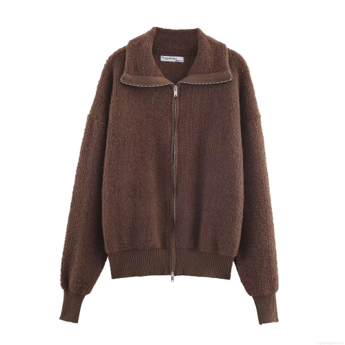 Women's Loose Bouclé Fleece Bomber Jacket Zip Up Casual Sherpa Short Coat Outerwear Solid Color Warm Jacket for Autumn Winter