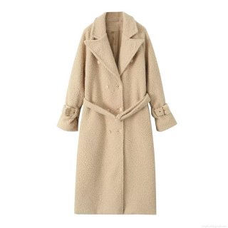 Women's Long Bouclé Woolen Coat Winter Warm Grainy Texture Overcoat Elegant Minimalist Belted Double-breasted Long Sleeve Outwear For Ladies Casual Fashion