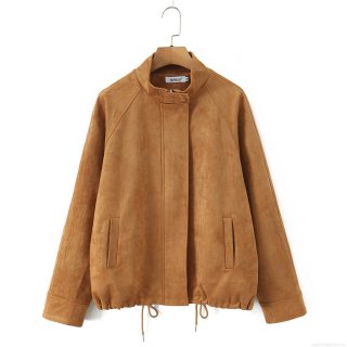 Women's Fashion Suede Stand Collar Zipper Jacket Loose Casual Long Sleeve Short Coat With Adjustable Drawstring Hem Solid Color Orange Outerwear