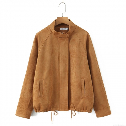 Women's Fashion Suede Stand Collar Zipper Jacket Loose Casual Long Sleeve Short Coat With Adjustable Drawstring Hem Solid Color Orange Outerwear