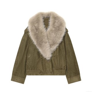Women's Winter Faux Suede Jacket With Faux Fur Collar Olive Green Streetwear Cropped Zip Up Pocket Warm Outerwear For Ladies