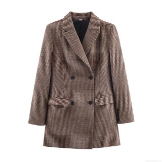 Women's Mid-Length Houndstooth Blazer Double Breasted Lapel Woven Jacket British Retro Slim Fit Office Business Casual Work Wear Outerwear