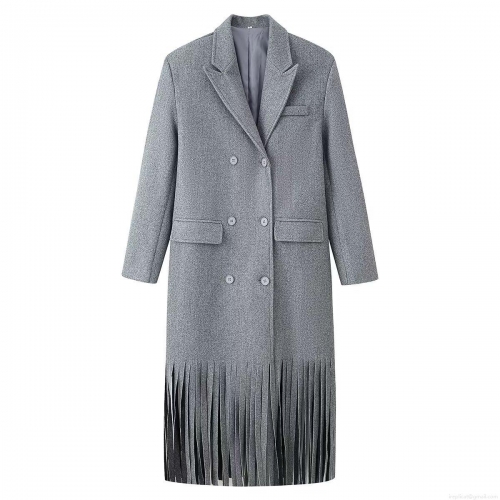 Women's Elegant Long Woolen Coat Double Breasted Trench Jacket With Fringe Hem Winter Warm Solid Color Notch Lapel Outerwear For Ladies