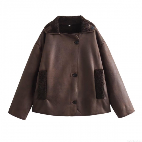 Women Winter Faux Suede Sherpa Lined Jacket Casual Loose Warm Lamb Wool Patchwork Outerwear With Pockets Turn-down Collar Long Sleeve Single Breasted Fashion Dark Brown Coat