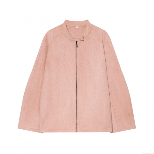 Women's Suede Jacket Minimalist Stand Collar Zipper Casual Loose Outerwear Solid Color Long Sleeve Warm Coat For Winter Autumn