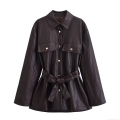Women's Mid-Length Faux Leather Jacket With Belt Solid Coffee Color Polyurethane Coated Lapel Button Up Coat Casual Office Streetwear Outerwear For Women