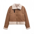 Women's Fashion Faux Shearling Jacket Winter Warm Suede Patchwork Moto Biker Coat With Lamb Wool Lining Lapel Zipper Outerwear For Women