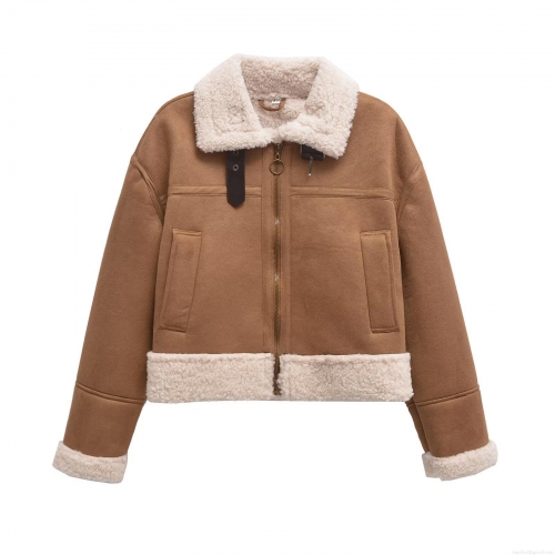 Women's Fashion Faux Shearling Jacket Winter Warm Suede Patchwork Moto Biker Coat With Lamb Wool Lining Lapel Zipper Outerwear For Women