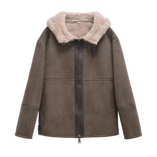 Women's Winter Faux Shearling Hooded Jacket Warm Suede Fleece Lined Zipper Coat Thick Loose Casual Long Sleeve Outerwear With Leather Trim