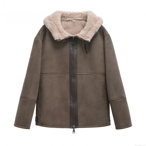 Women's Winter Faux Shearling Hooded Jacket Warm Suede Fleece Lined Zipper Coat Thick Loose Casual Long Sleeve Outerwear With Leather Trim