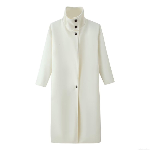 Women's Long Woolen Coat Winter Fashion Stand Collar Loose Overcoat With Buttons Thick Warm Commuter Jacket White Outwear Elegant Ladies Clothing