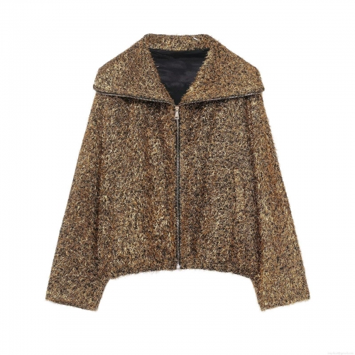 Women's Winter Bomber Jacket Metallic Shimmer Thread Lapel Zipper Outerwear Casual Fashion Shiny Loose Fit Long Sleeve Coat Polyester Metallic Fiber