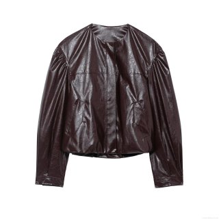 Women's Fashion Round Neck Puff Sleeve Faux Leather Bomber Jacket Solid Color Wine Red Winter Long Sleeve Outerwear Casual Streetwear Coat