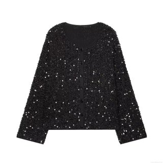 Women's Elegant Black Sequin Cardigan Jacket Round Neck Long Sleeve Single Breasted Shimmer Glitter Coat For Party Evening Office Commute Casual Winter Fashion Outerwear