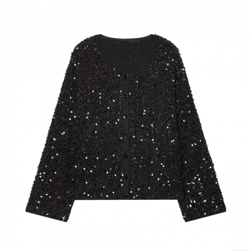 Women's Elegant Black Sequin Cardigan Jacket Round Neck Long Sleeve Single Breasted Shimmer Glitter Coat For Party Evening Office Commute Casual Winter Fashion Outerwear