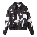 Women's Vintage Moto Cow Print Cropped Jacket Casual Polyester PU Leather Patchwork Zip Up Coat With Pockets Fashion Winter Outerwear