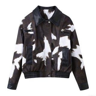 Women's Vintage Moto Cow Print Cropped Jacket Casual Polyester PU Leather Patchwork Zip Up Coat With Pockets Fashion Winter Outerwear