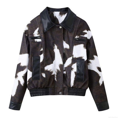 Women's Vintage Moto Cow Print Cropped Jacket Casual Polyester PU Leather Patchwork Zip Up Coat With Pockets Fashion Winter Outerwear