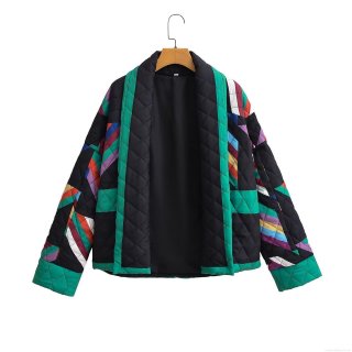 Women's Quilted Patchwork Jacket Vintage Geometric Print Loose Open Front Long Sleeve Casual Padded Outerwear Coat For Winter