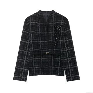 Elegant Women's Plaid Knitted Blazer Jacket With Belt Sequin Floral Embroidery V-Neck Long Sleeve Commuter Outerwear Cardigan No Button