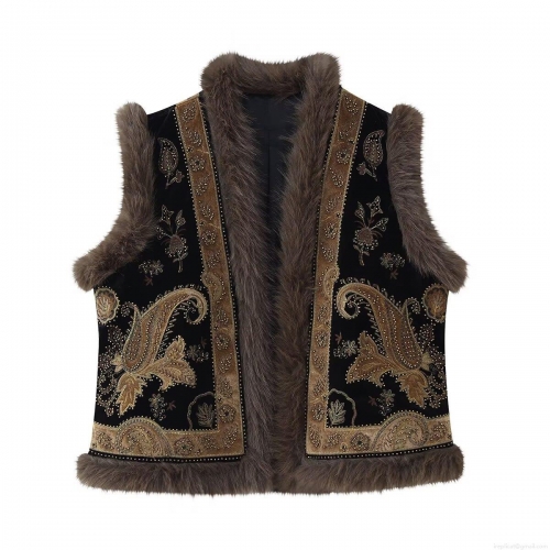 Women Vintage Bohemian Velvet Vest Paisley Embroidery Faux Fur Trim Beaded Waistcoat Ethnic Sleeveless Jacket For Women