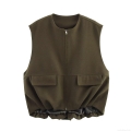 Women's Casual Zipper Vest 100% Polyester Sleeveless Jacket With Flap Pockets Round Neck Loose Waistcoat For Spring Autumn Daily Retro Style Outerwear